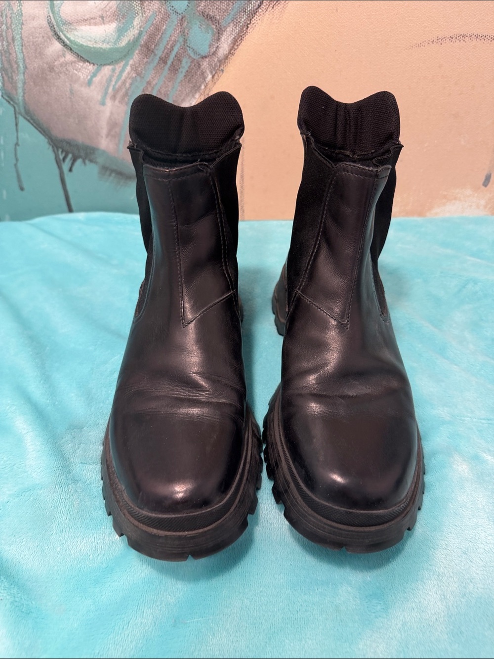 Prada Black Leather Chunky Lug Chelsea Ankle Boots